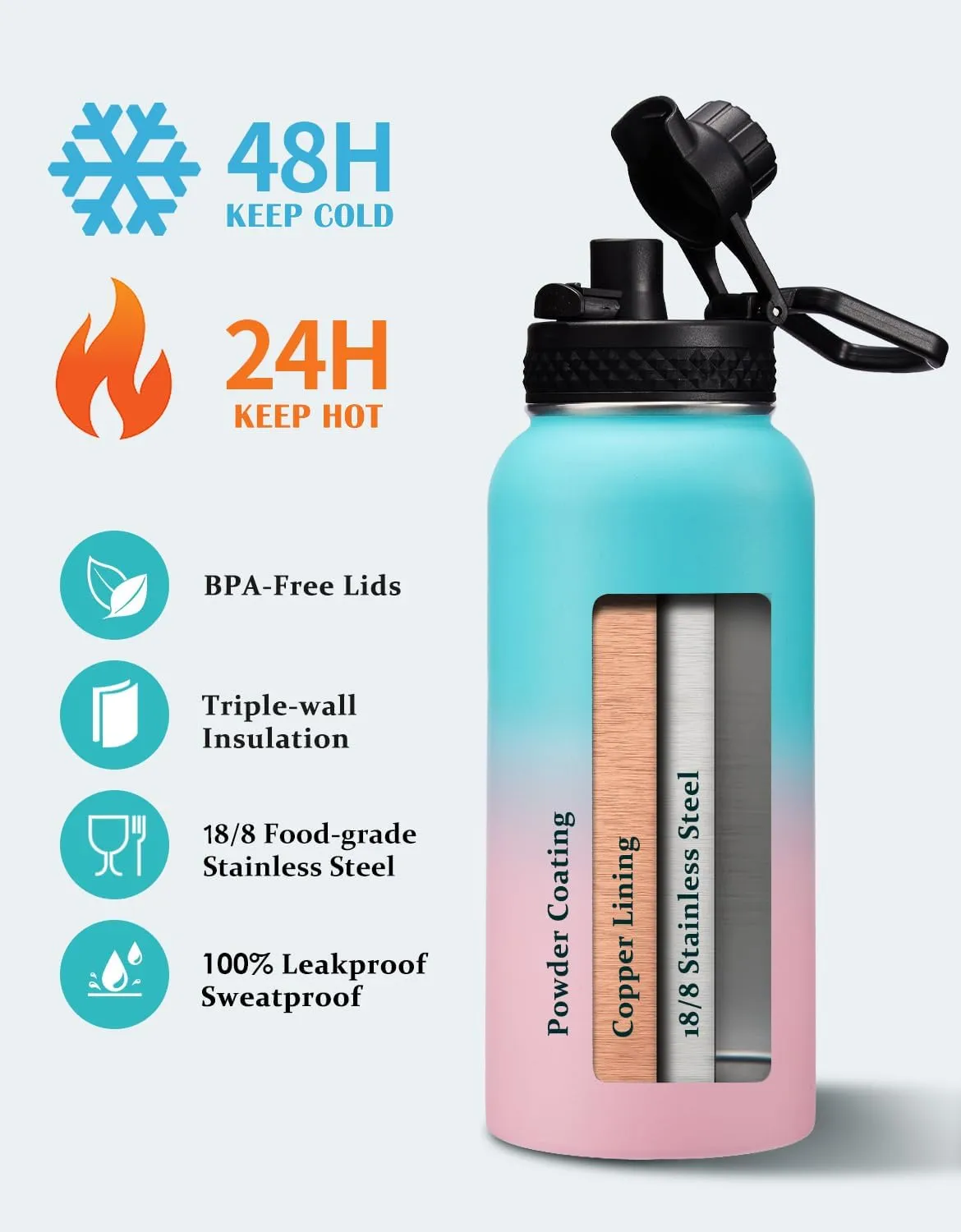 32/40/64 OZ Water Bottle with Straw - Spout Lid, Kepp Cold-48H Hot-24H, Insulated Water Bottles with Strap Carrier Bag, Paracord Handle, Protective Boot, Leakproof Metal Hydro Water Flask