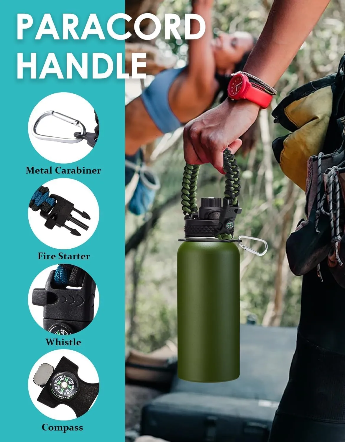 32/40/64 OZ Water Bottle with Straw - Spout Lid, Kepp Cold-48H Hot-24H, Insulated Water Bottles with Strap Carrier Bag, Paracord Handle, Protective Boot, Leakproof Metal Hydro Water Flask