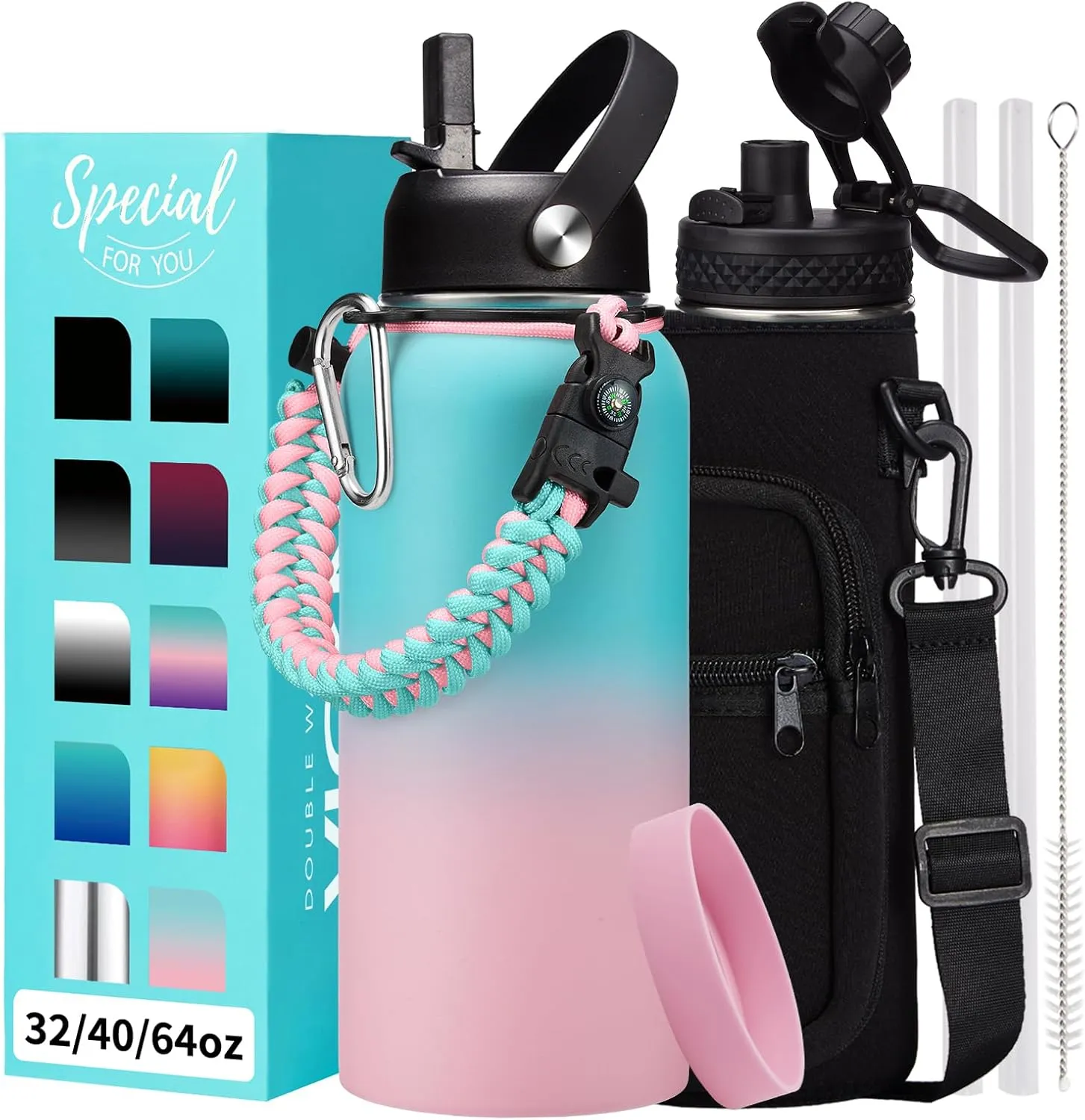 32/40/64 OZ Water Bottle with Straw - Spout Lid, Kepp Cold-48H Hot-24H, Insulated Water Bottles with Strap Carrier Bag, Paracord Handle, Protective Boot, Leakproof Metal Hydro Water Flask