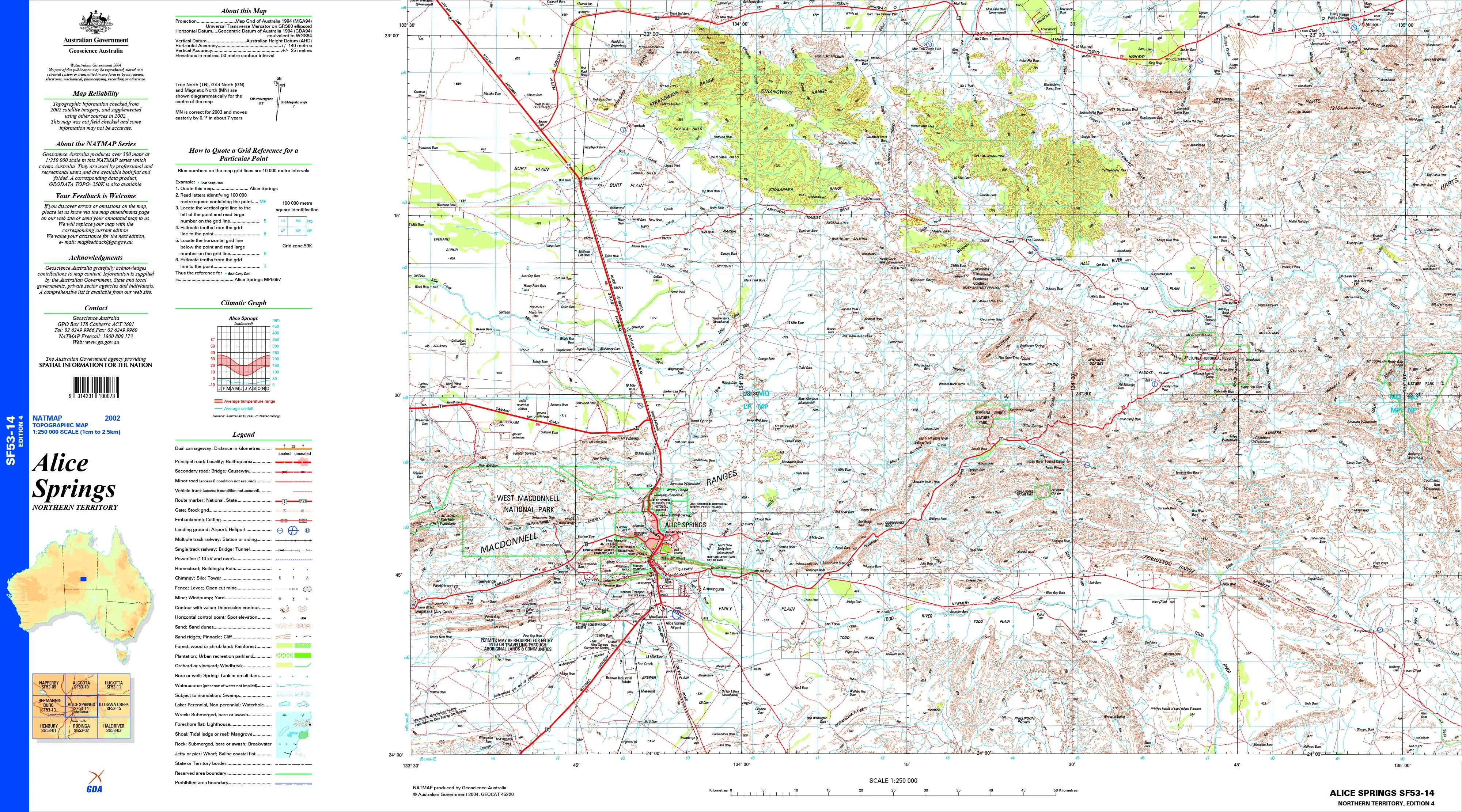 Alice Springs SF53-14 Topographic Map 1:250k