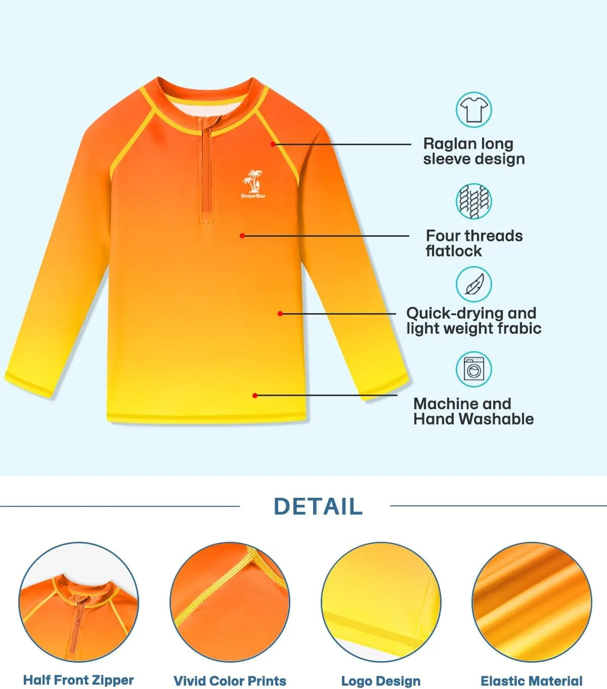 BesserBay Boys UPF 50  Half Zip Rash Guard UV Protection Raglan Long Sleeve Swim Shirt 4-12 Years