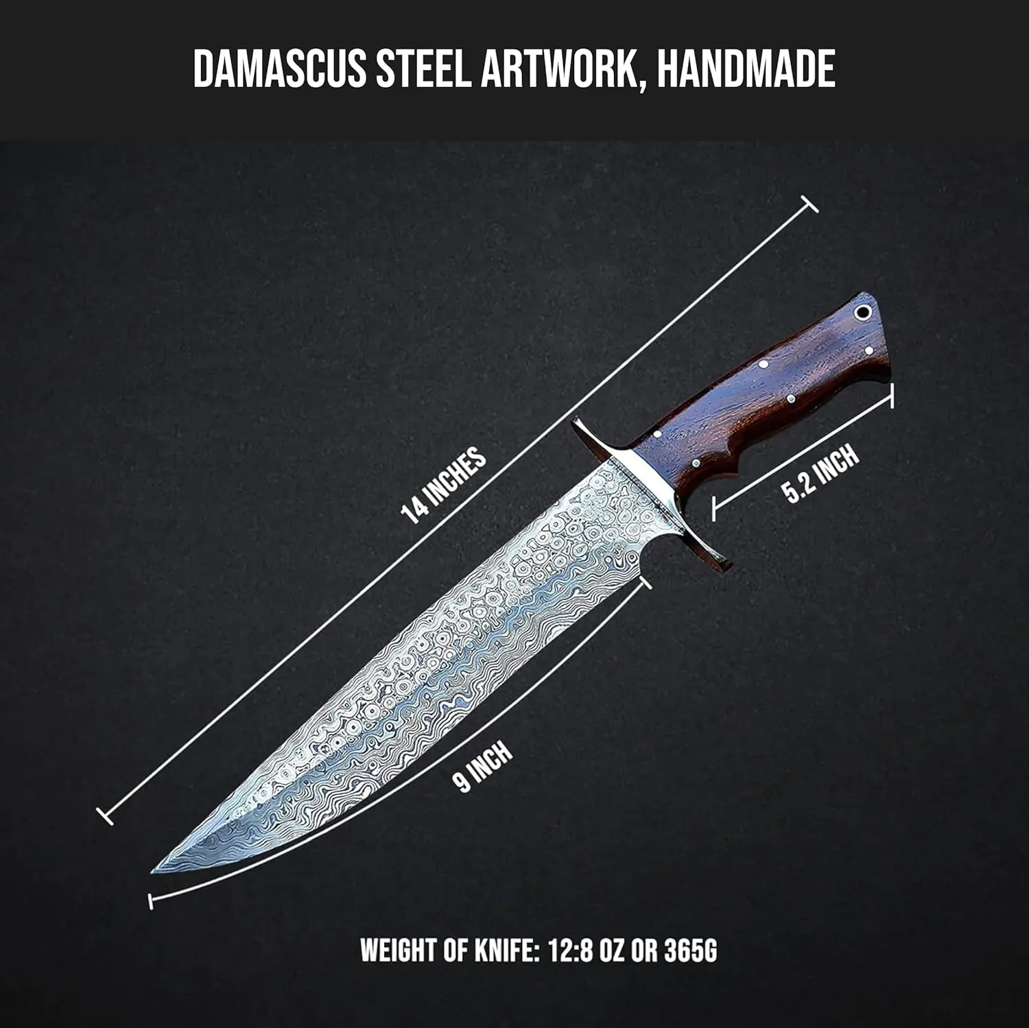 BIGCAT ROAR 14 Handmade Damascus Hunting Knife with Leather Sheath - Ideal for Chopping, Camping Outdoor - Fixed Blade Bushcraft Large Knife with Walnut wood Handle - Patriot