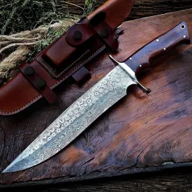 BIGCAT ROAR 14 Handmade Damascus Hunting Knife with Leather Sheath - Ideal for Chopping, Camping Outdoor - Fixed Blade Bushcraft Large Knife with Walnut wood Handle - Patriot