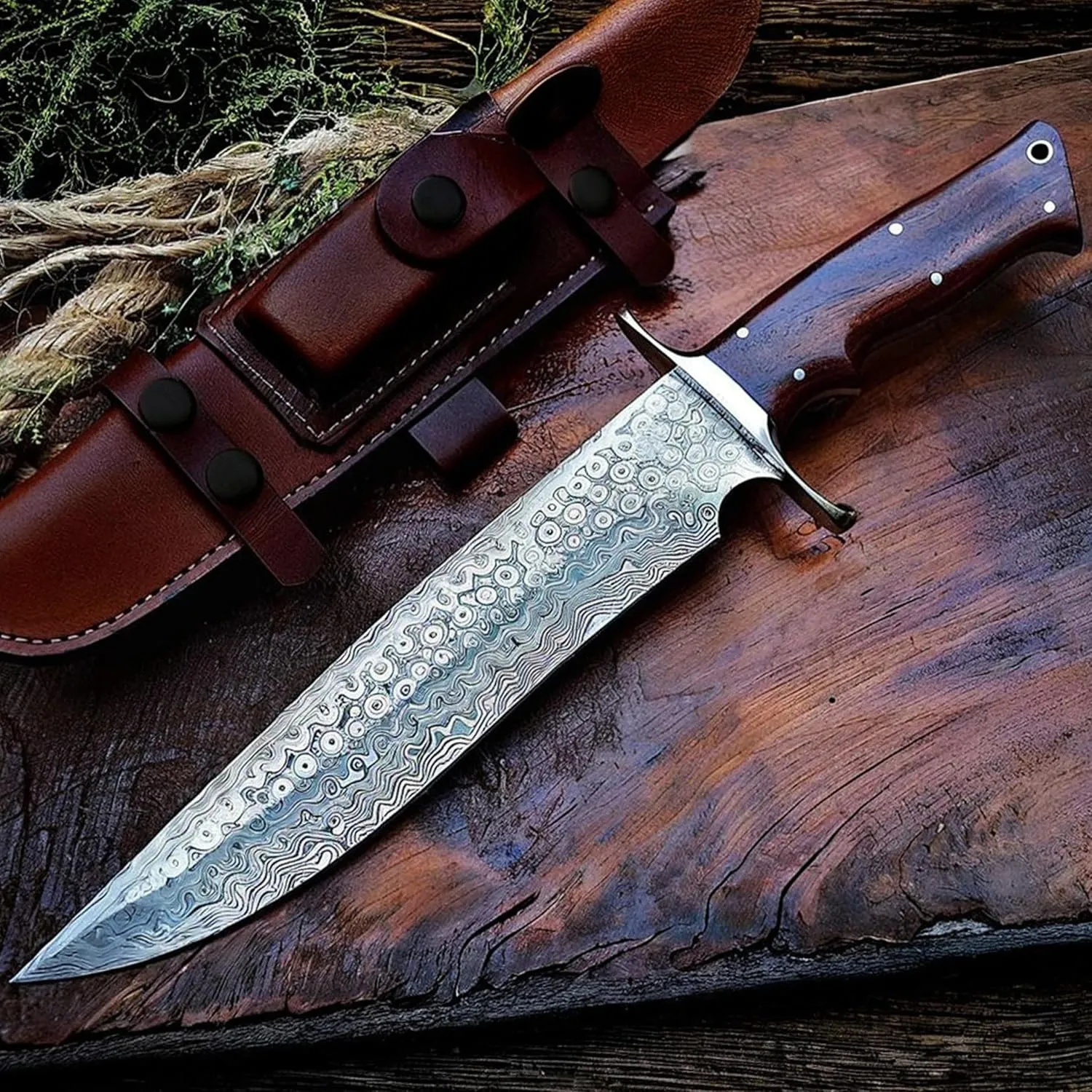 BIGCAT ROAR 14 Handmade Damascus Hunting Knife with Leather Sheath - Ideal for Chopping, Camping Outdoor - Fixed Blade Bushcraft Large Knife with Walnut wood Handle - Patriot