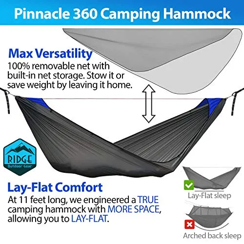 Camping Hammock with Mosquito Net - Pinnacle 360 11 ft - Ultralight Hammock Tent Bundle with Bug Netting, Straps, and Carabiners Fully Removable Net