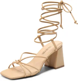 DREAM PAIRS Women's Lace Up Heels Strappy Block High Heel Square Open Toe Chunky Sandals for Party Travel Date