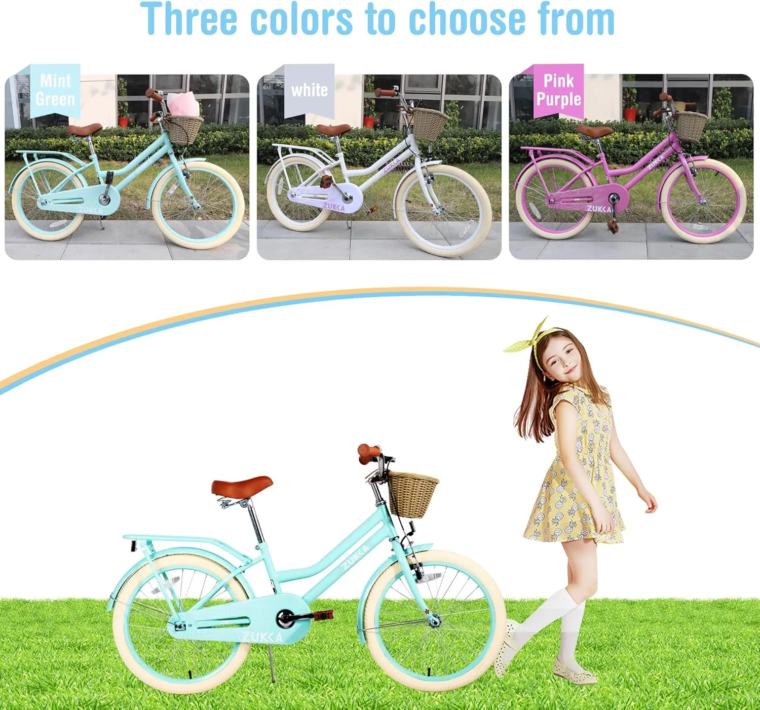 Girl Bike with Basket, 20 Inch Kids' Bicycles for Kids Ages 5-13 Princess Girls Kids Bike-Children Bicycle Single Speed Girls Bikes with Carbon Steel Frame, Multiple Colors