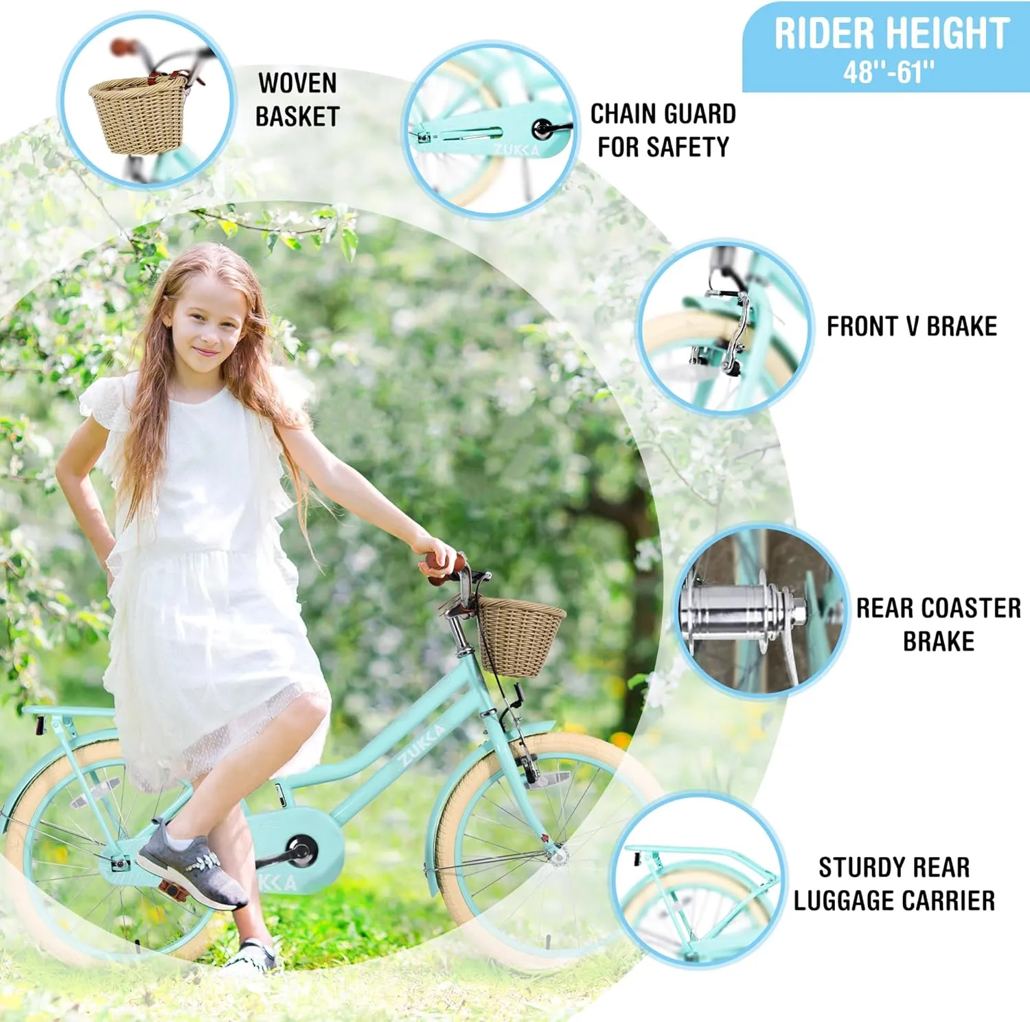 Girl Bike with Basket, 20 Inch Kids' Bicycles for Kids Ages 5-13 Princess Girls Kids Bike-Children Bicycle Single Speed Girls Bikes with Carbon Steel Frame, Multiple Colors