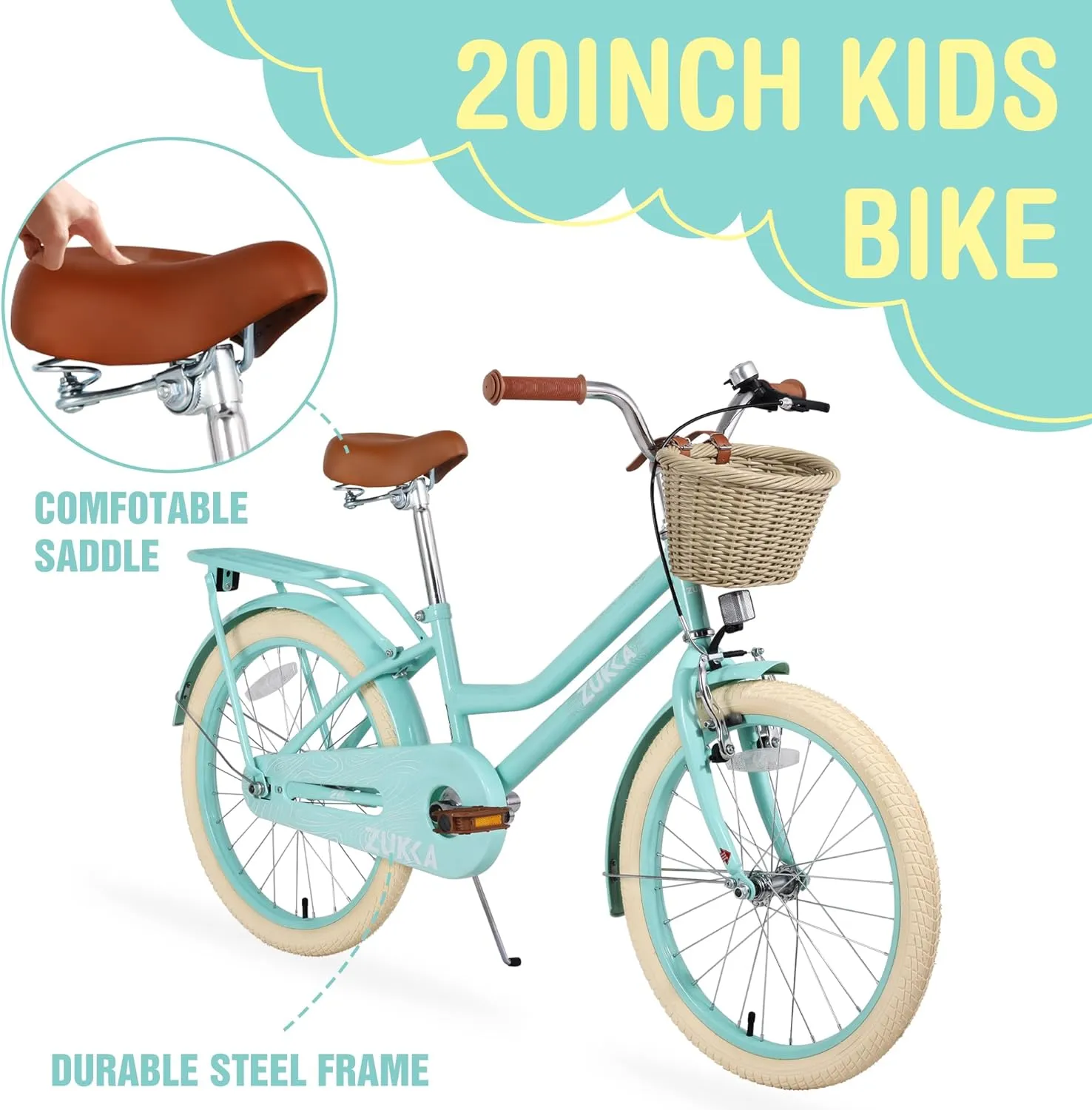 Girl Bike with Basket, 20 Inch Kids' Bicycles for Kids Ages 5-13 Princess Girls Kids Bike-Children Bicycle Single Speed Girls Bikes with Carbon Steel Frame, Multiple Colors