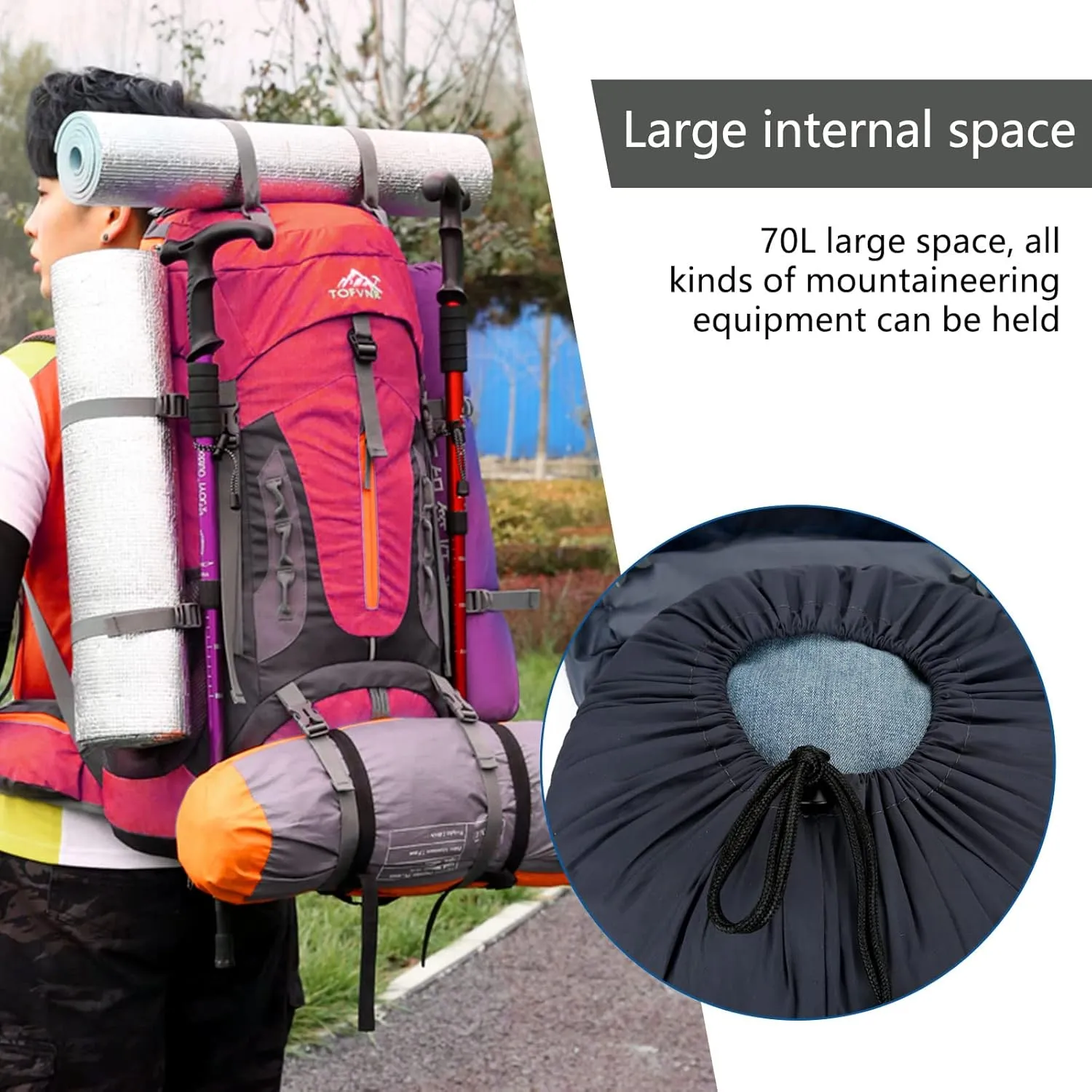 kingsea 70L Large Camping Hiking Backpack, Lightweight Nylon Trekking Rucksack,For Men Women Outdoor Large Capacity Sports Mountaineering Backpack Climbing Travel Waterproof Daypack