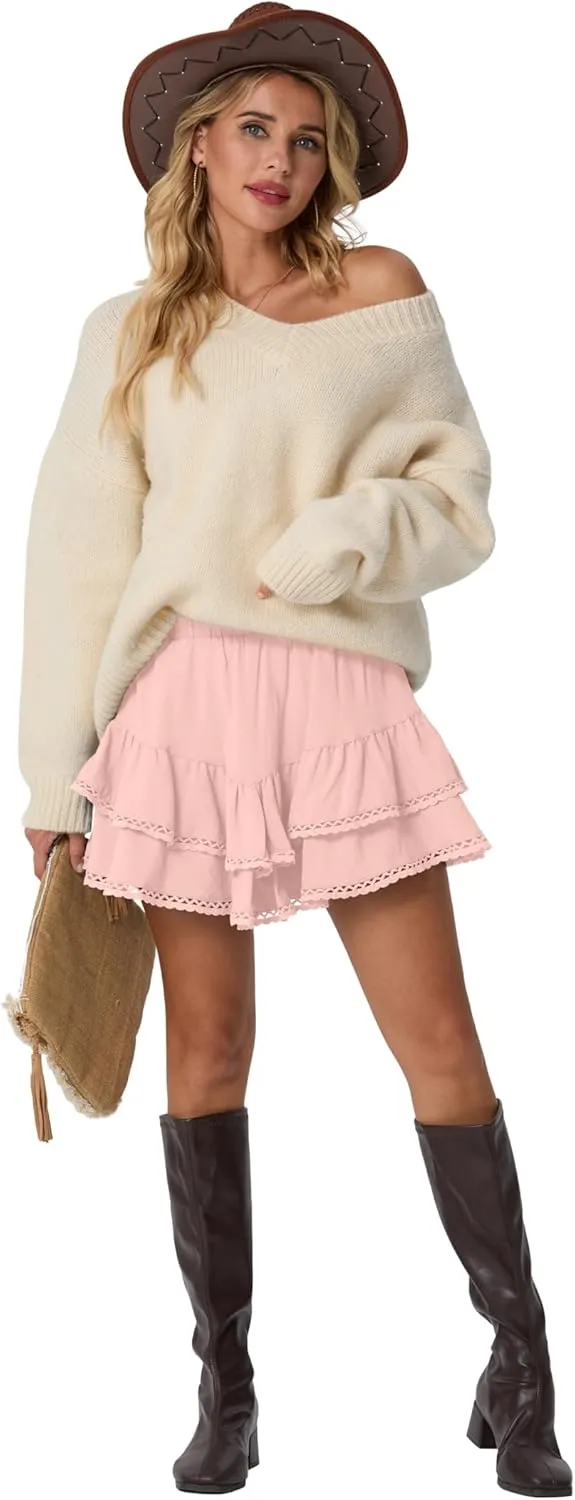 Lepunuo Boho Shorts for Women High Waisted Ruffle Tiered Flowy Skirts with Shorts Underneath Western Outfits Skorts