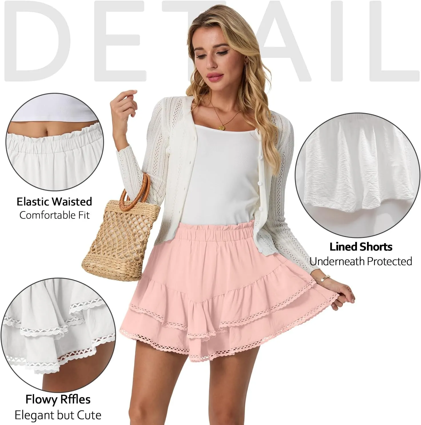 Lepunuo Boho Shorts for Women High Waisted Ruffle Tiered Flowy Skirts with Shorts Underneath Western Outfits Skorts