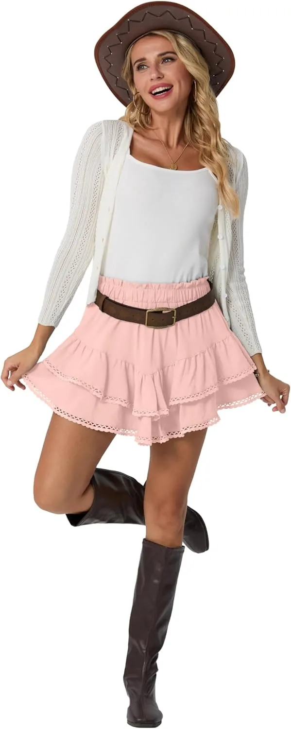 Lepunuo Boho Shorts for Women High Waisted Ruffle Tiered Flowy Skirts with Shorts Underneath Western Outfits Skorts