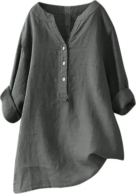 Linen Tops for Women 2025 Summer Button Down Blouses Casual Loose 3/4 Sleeve Shirts V Neck Vacation Henley Tunic