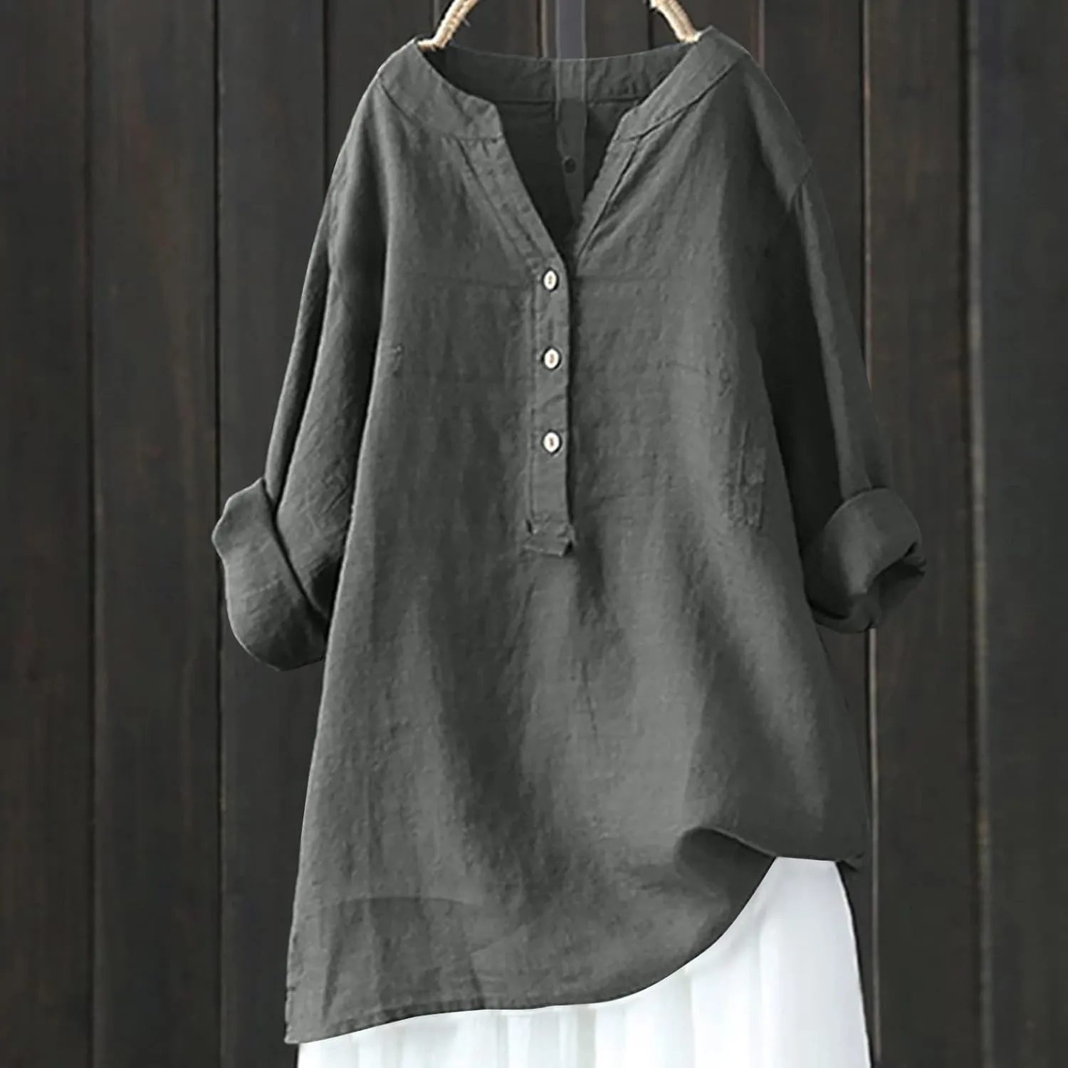 Linen Tops for Women 2025 Summer Button Down Blouses Casual Loose 3/4 Sleeve Shirts V Neck Vacation Henley Tunic