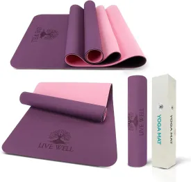 Live Well Thick Yoga Mat - 6mm TPE Non-Slip Exercise Mat for Home Gym, Dual Color (Purple/Pink) Yoga Mats for Women, 6ft x 2ft