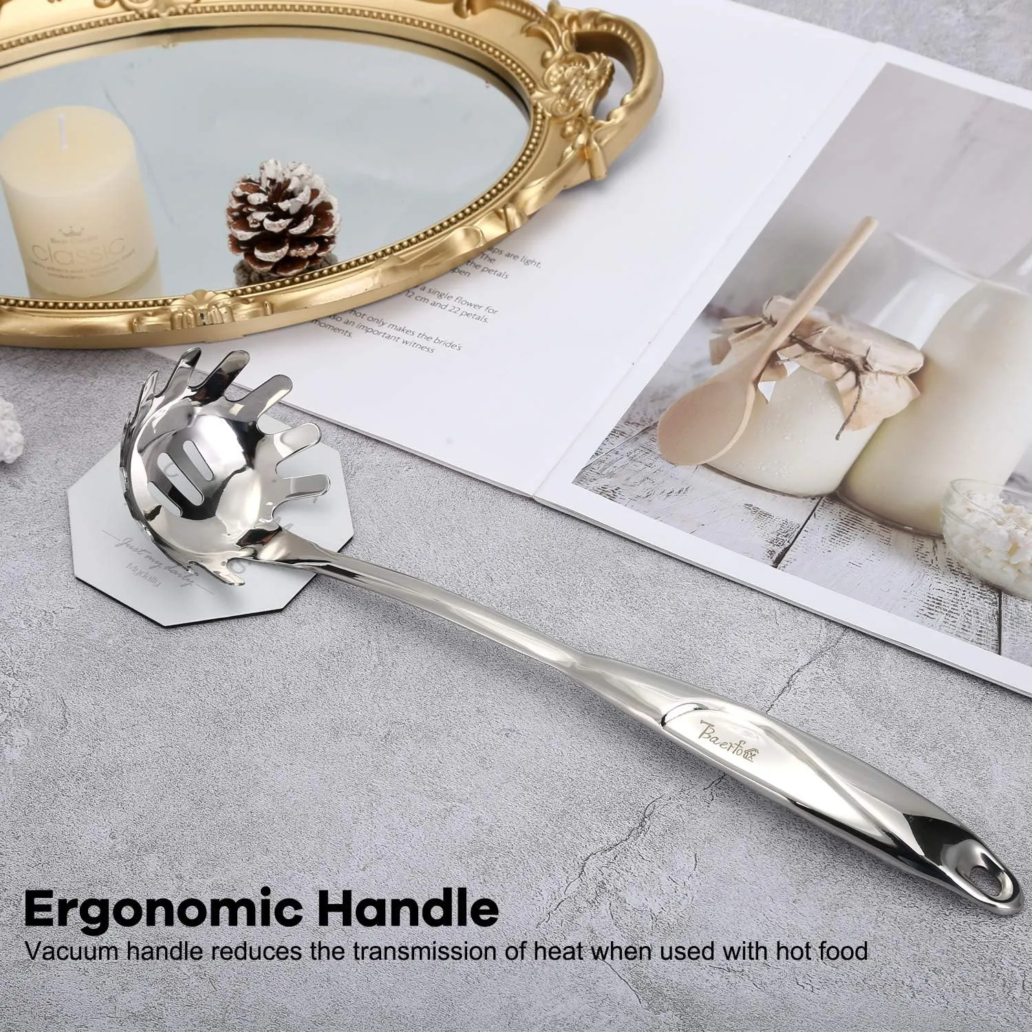 Pasta Spoon,Pasta Server with Teeth,1-Pcs Stainless Steel Spaghetti Claw,Gift Packing (Heat-proof Design of Hollow Handle)