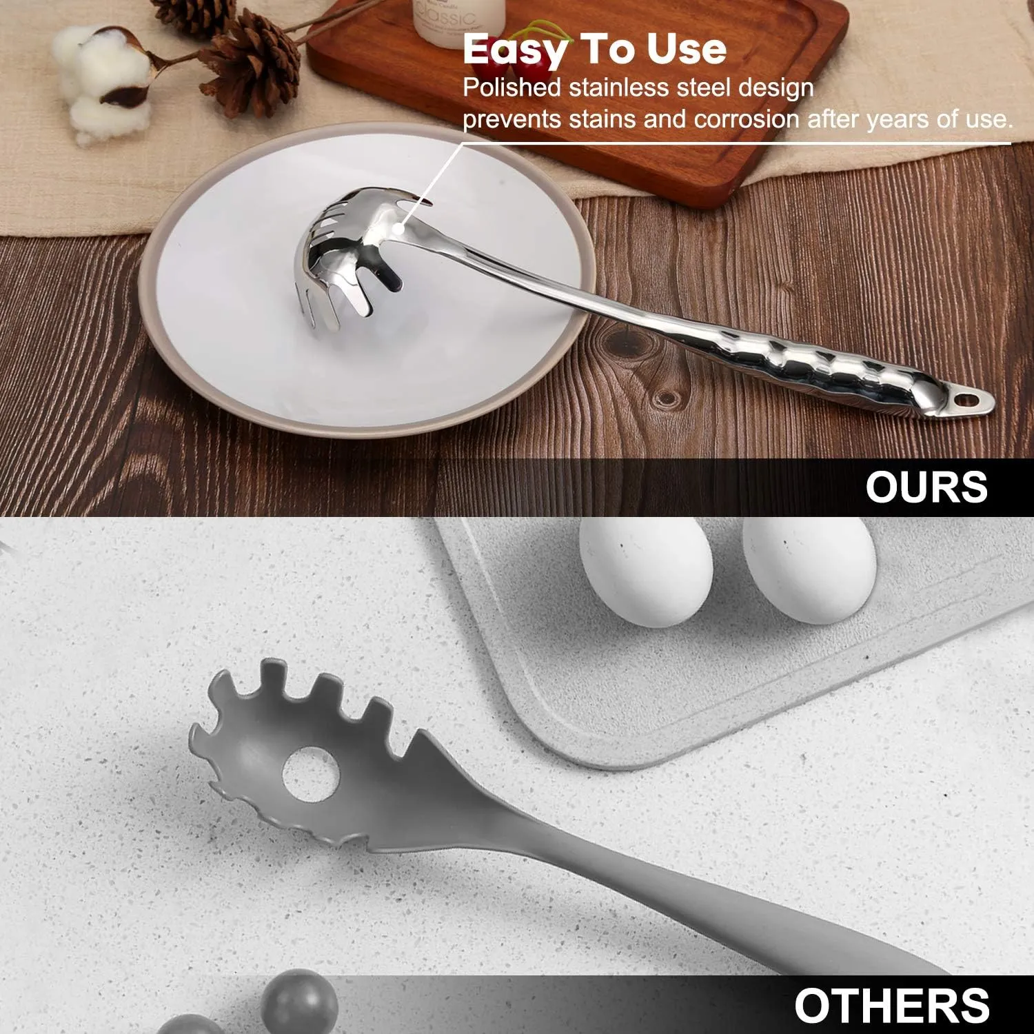 Pasta Spoon,Pasta Server with Teeth,1-Pcs Stainless Steel Spaghetti Claw,Gift Packing (Heat-proof Design of Hollow Handle)