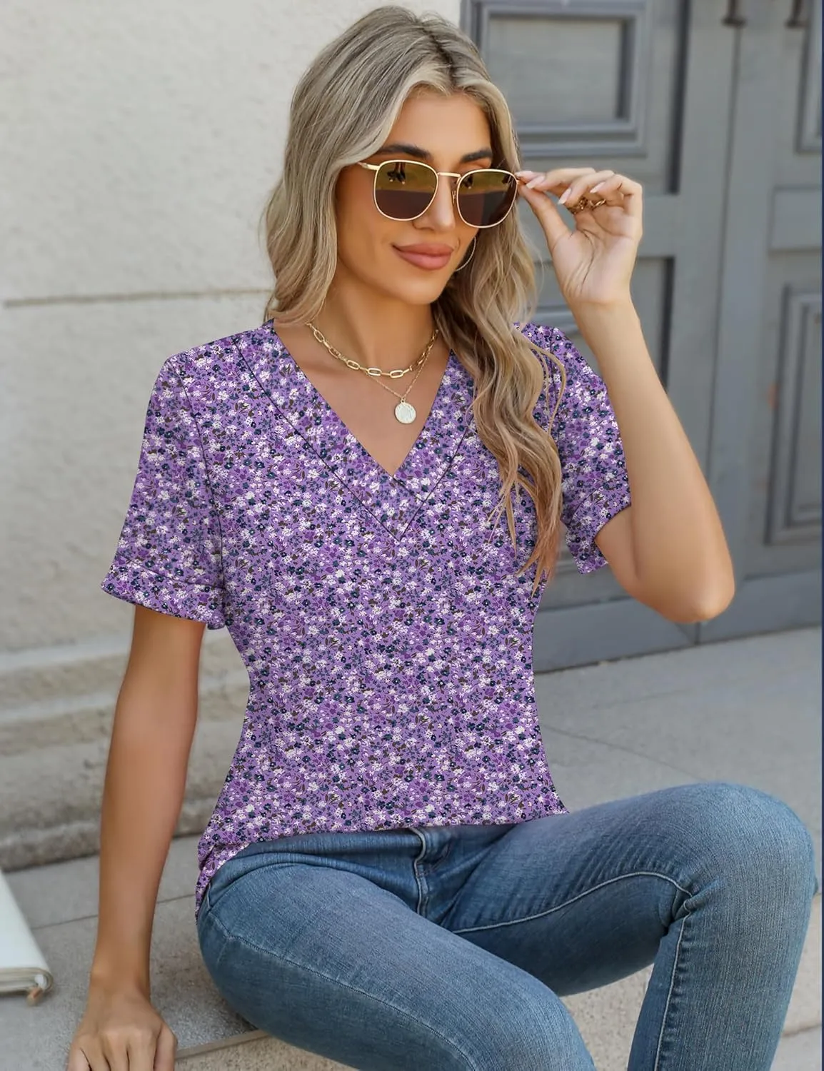 Rapbin T Shirts for Women Short Sleeve V Neck Tshirts Loose Fit Lightweight Soft Casual Summer Spring Tee Tops