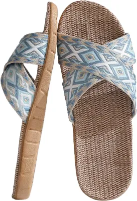 Unisex Linen Slippers Summer Skidproof Indoor Slippers Flax Men Women Boho House Slipper Open-Toe Breathable Beach Shoes