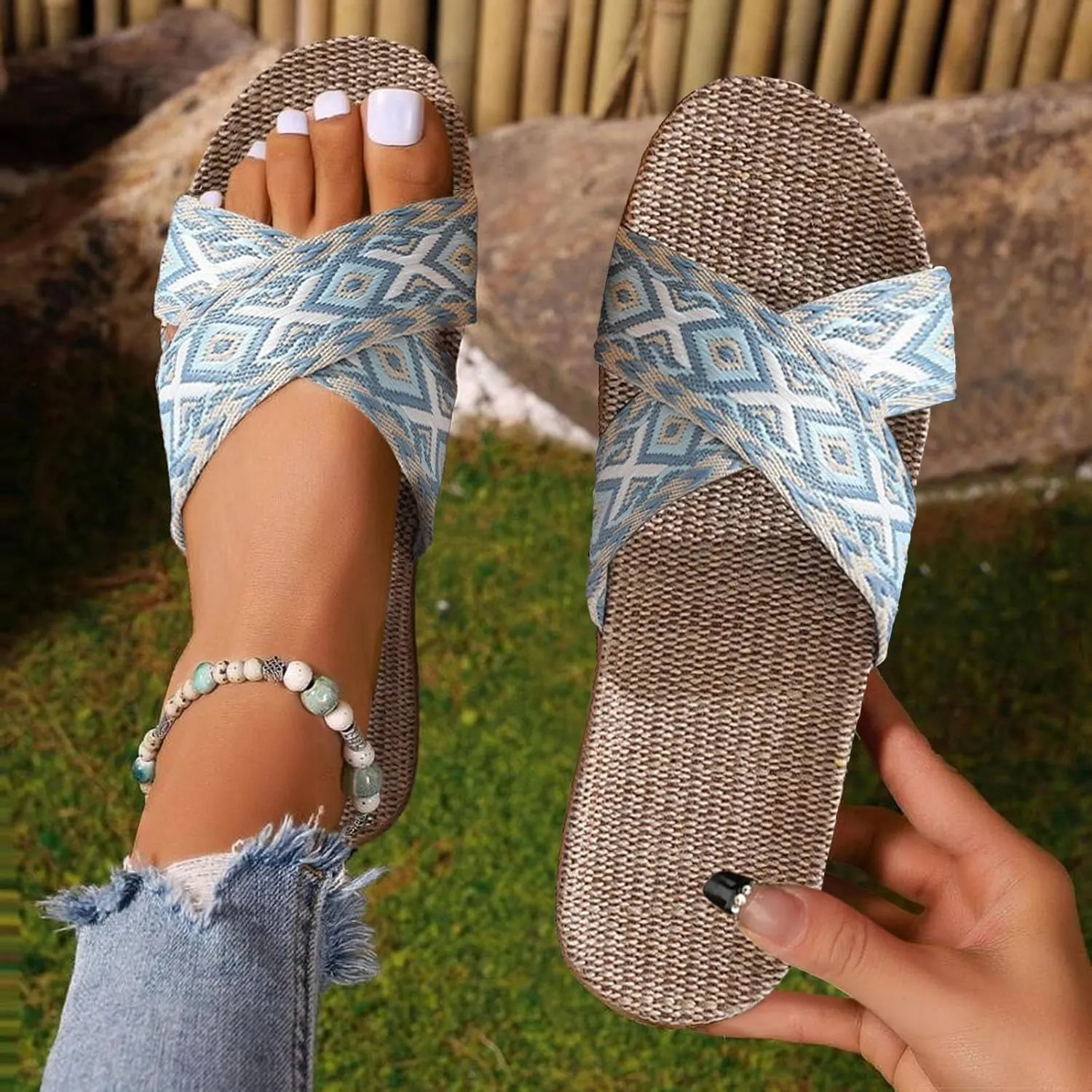 Unisex Linen Slippers Summer Skidproof Indoor Slippers Flax Men Women Boho House Slipper Open-Toe Breathable Beach Shoes