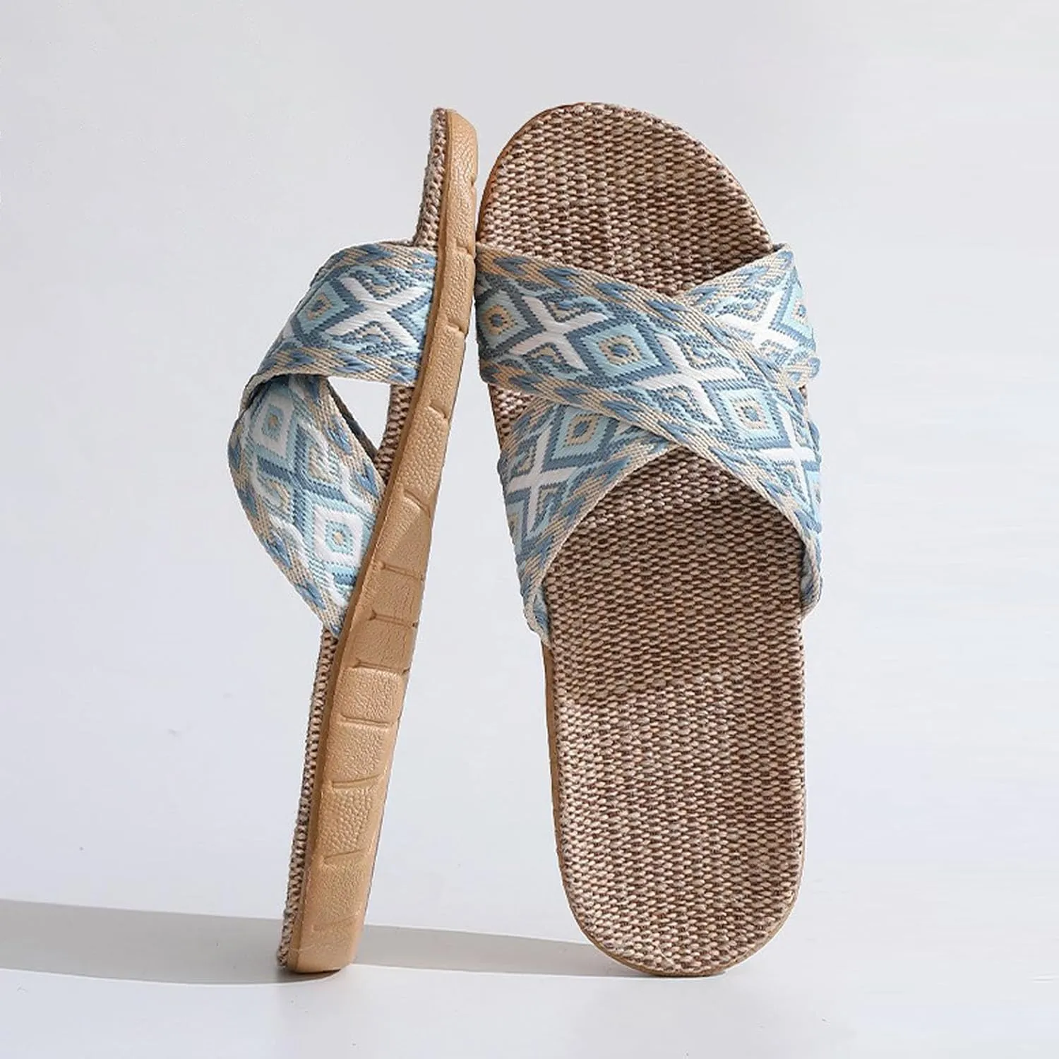 Unisex Linen Slippers Summer Skidproof Indoor Slippers Flax Men Women Boho House Slipper Open-Toe Breathable Beach Shoes